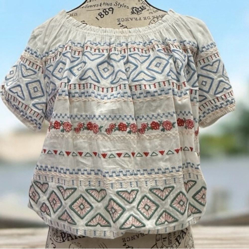 Altar'd State Boho Peasant Embroidered Women’s Short Sleeve Top Size Large
